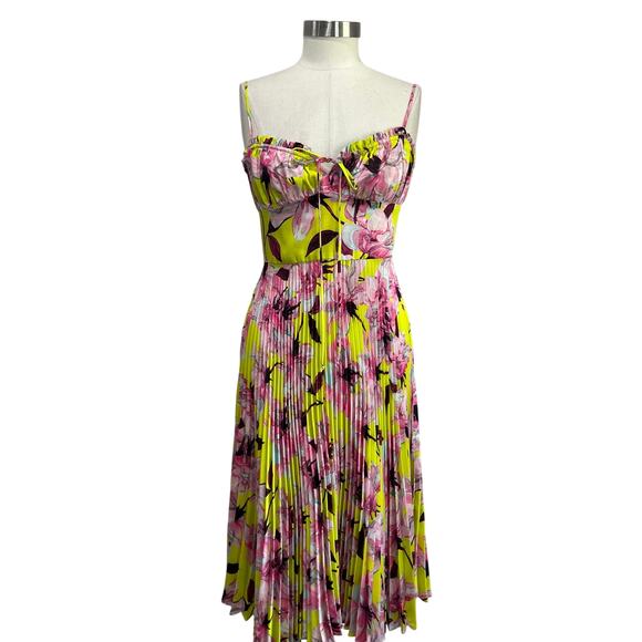 Delfi Collective Floral Pleated Midi Dress Size Small Pink Yellow Bustier - Picture 2 of 12